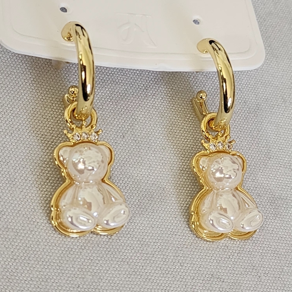 Gold Hoop Earrings with Pearl Bear Charms